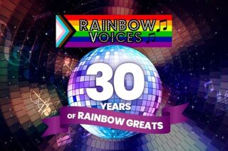 Mirror ball with Rainbow voices banner and text: "30 YEARS OF RAINBOW GREATS"