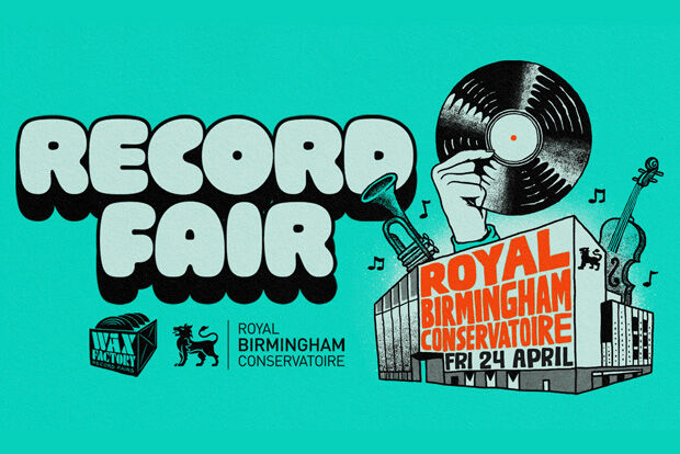 Drawing of Royal Birmingham Conservatoire building with trumpet, hand holding a record and a violin protruding from the roof.