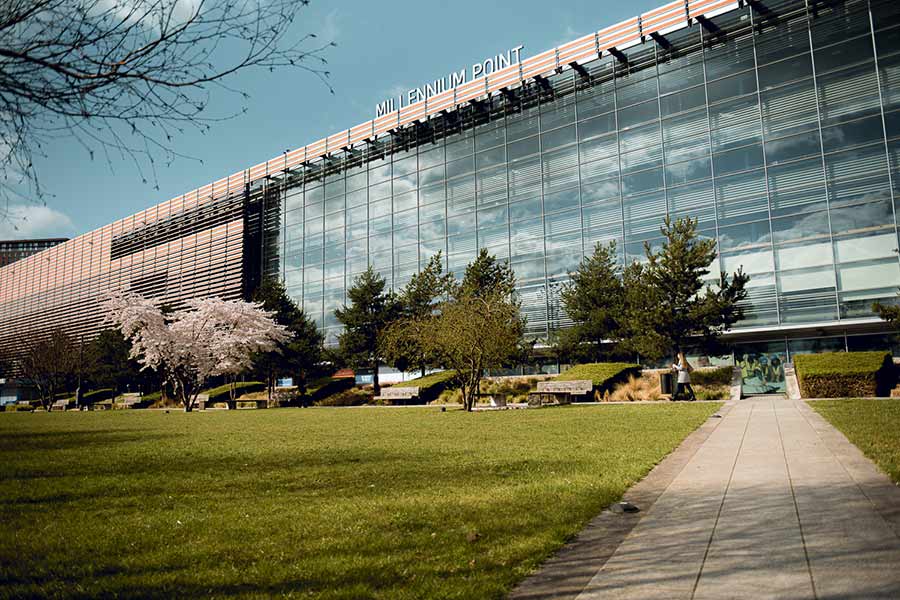 Wide shot of the Millennium Point building on a sunny day