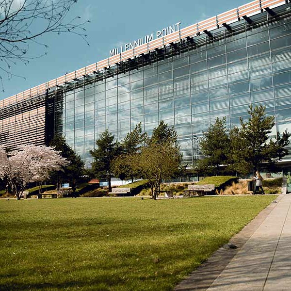 Wide shot of the Millennium Point building on a sunny day
