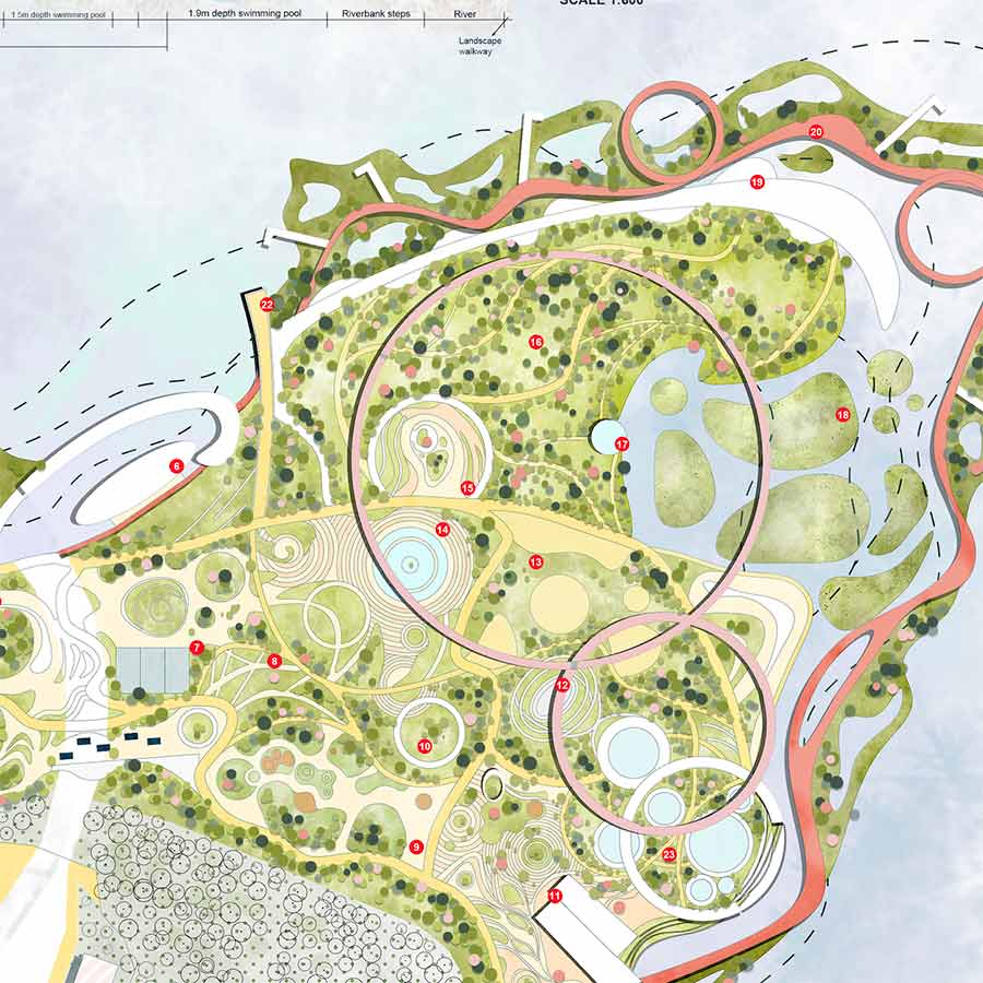 Architectural rendering or site plan of a park or urban development. The detailed drawing shows various green spaces, pathways, water features including a swimming pool, and numbered points of interest. The layout includes circular and winding elements, suggesting a thoughtfully designed landscape.