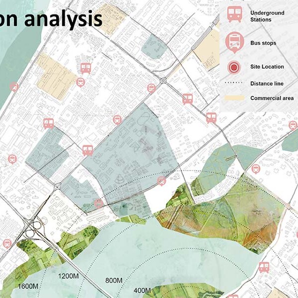 A location analysis map shows a site location marked with a red circle, surrounded by concentric dotted lines indicating distances of 400m, 800m, 1200m, and 1600m. The map also displays the locations of underground stations, bus stops, schools, green spaces, and water areas, along with commercial areas. A compass rose in the upper right corner indicates North.