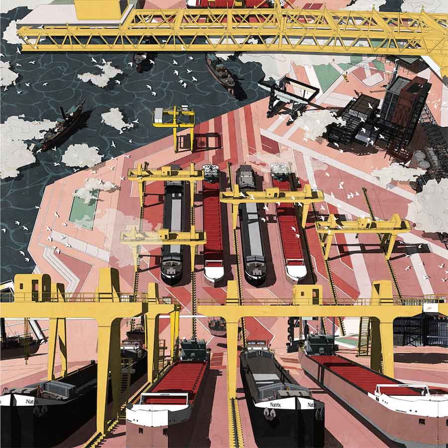 A high-angle illustration depicts a bustling port scene with numerous barges docked along a network of piers and waterways. Large yellow gantry cranes tower over the barges, suggesting loading or unloading operations. The surrounding water is a mix of dark and light blues, dotted with a few smaller vessels and numerous white birds in flight.