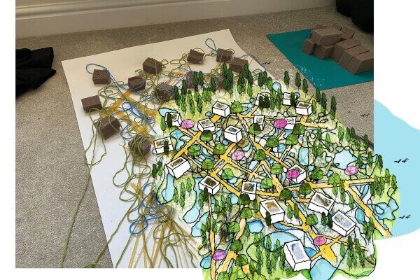 Blocks representing buildings, with drawings overlayed on top