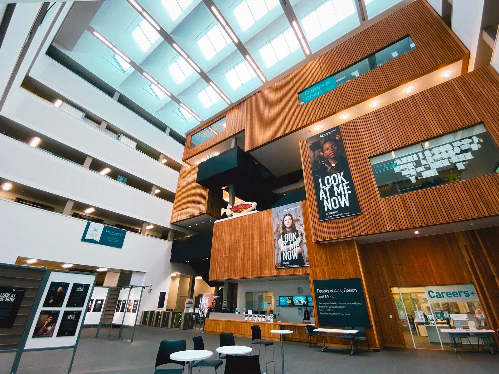 Photo of the large spacious lobby in Parkside building with I AM BCU banners