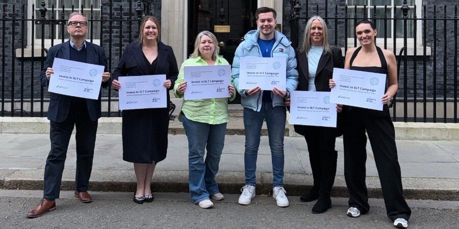 Gillian Rudd (second left) with the Invest in SLT campaign group at 10 Downing Street.