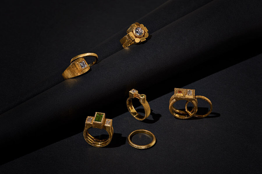 Close up shot of gold rings created by student