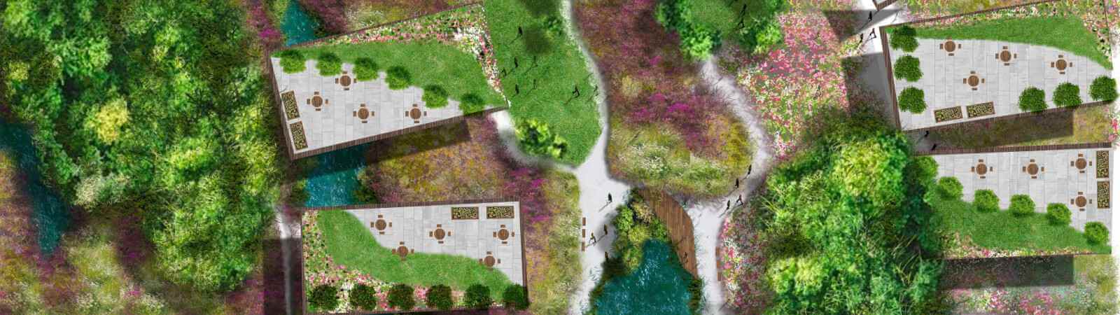 A top-down view of buildings surrounded by grass