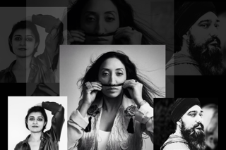 A collage of black and white portraits, featuring multiple images of two people in various poses and expressions.