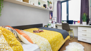 A bed and desk in a bedroom