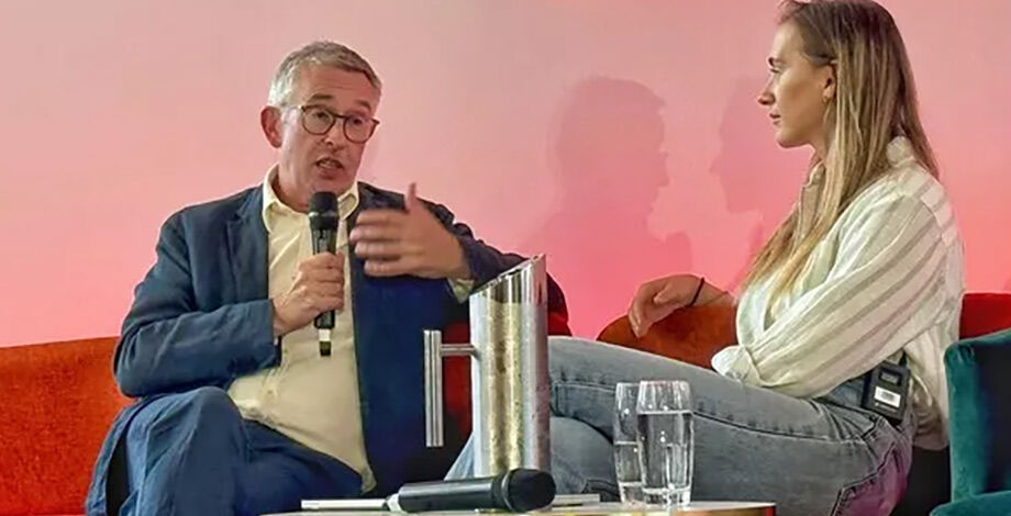 Actor Steve Coogan sat with economist and commentator Grace Blakeley, speaking on a panel at International Year of Cooperatives.