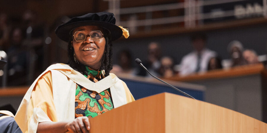 Sharon Thompson addresses graduates at Symphony Hall