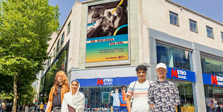 A mock up of how one of the adverts will look in Birmingham City Centre. Pictured left to right are students Joshua Thomas, Jasleen Kaur, Nikhil Odedra and Joshua Reilly