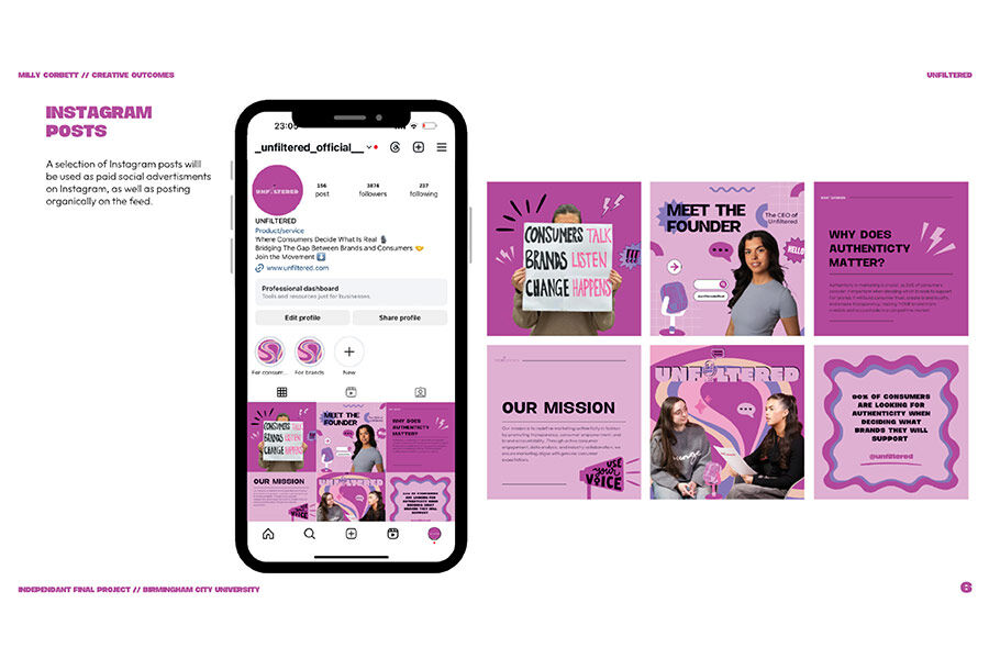 Student project showing Instagram posts for Unfiltered