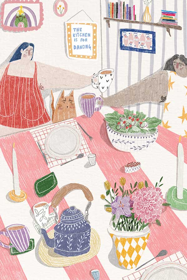 Student work - illustration of friends talking in kitchen