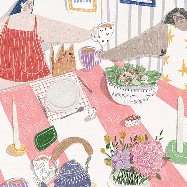 Student work - illustration of friends talking in kitchen