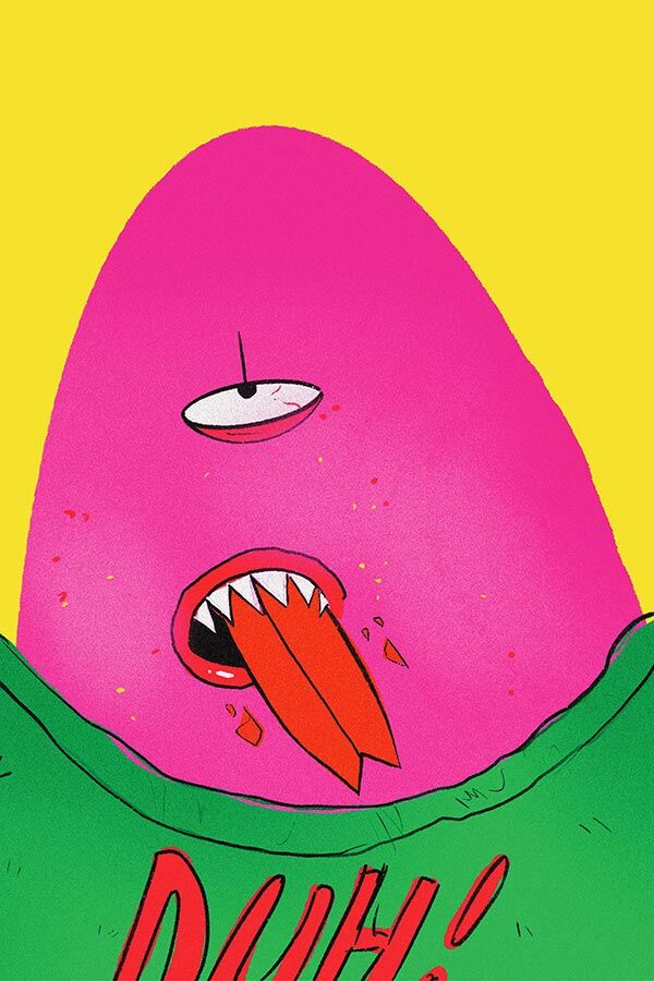 Student work - pink cyclops monster saying duh