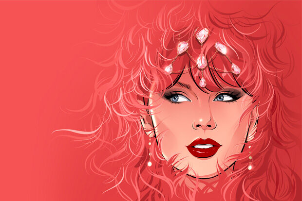 Illustration of Taylor Swift against pink background