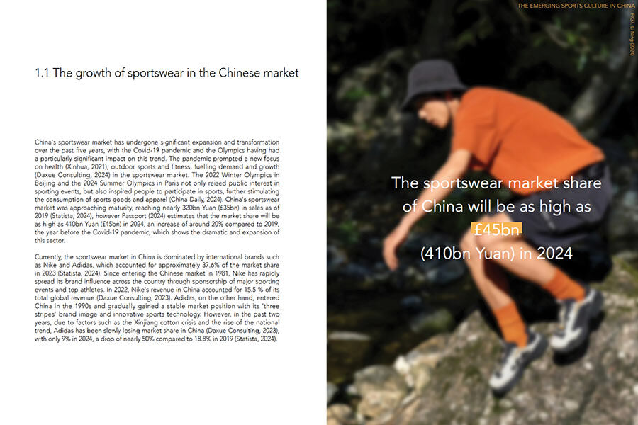 Page about the growth of the sportswear market in China, with text and a blurry image of someone in sporty clothes.