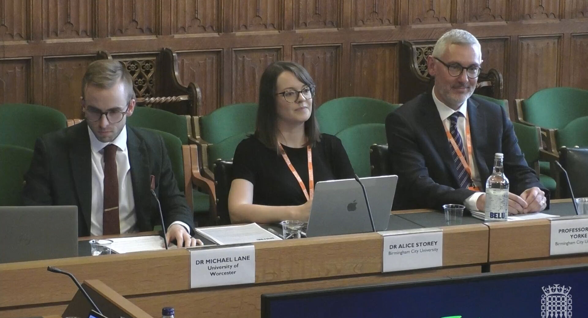 Three university lectures sat at parliament named left to right: Dr Michael Lane, Dr Alice Storey, Professor Jon Yorke
