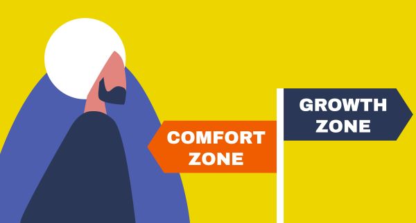 Man walking away from the comfort zone and into the growth zone.