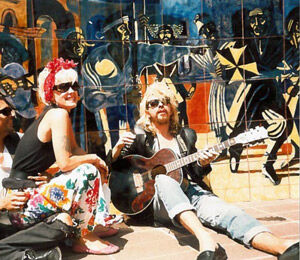 Presenter Paula Yates with Dave Stewart and saxophonist Jim Zavala in the Mexican quarter of LA, 1985, copyright Christopher Phipps