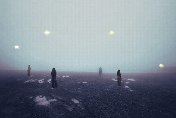 Four women standing in a desolate foggy landscape with four lights glowing in the sky.