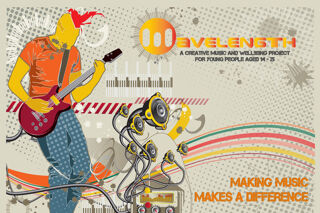 Illustration of stylised mohican sporting guitarist including text: "Wavelength A CREATIVE MUSIC AND WELLBEING PROJECT FOR YOUNG PEOPLE AGED 14-25" "MAKING MUSIC MAKES A DIFFERENCE"