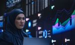 Woman in headscarf looking at large data dashboards