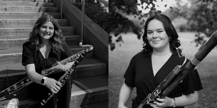 Postgraduate Certificate in Music (PgCert) clarinet student Melia Lovegrove (left) and recent MMus bassoon graduate Emma Crooks (right)