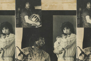 Collage of black and white photos of tabla player Zakir Hussain