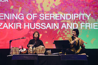 The late Indian tabla player Zakir Hussain with flute player